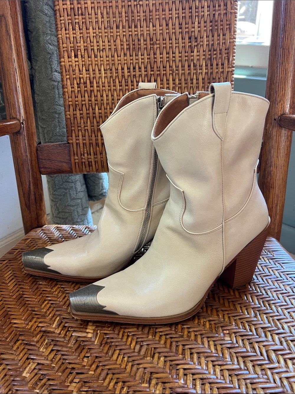 Womens Cream Western Ankle Boots with Metallic Toe